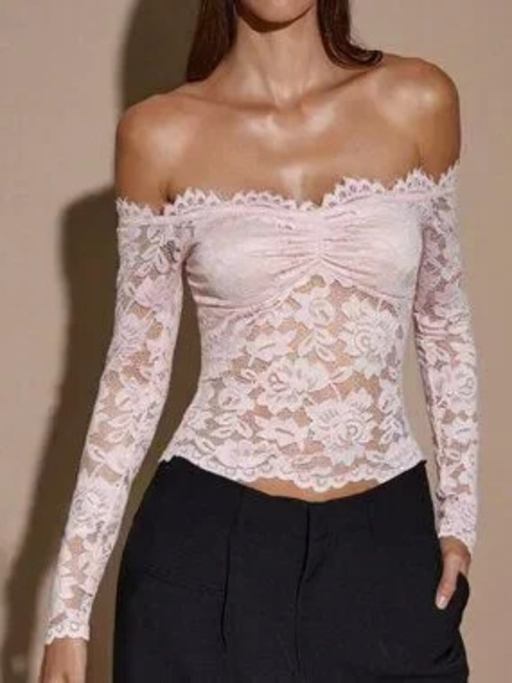 Coral Pink Elegant Lace Women's Sheer Off-Shoulder Long Sleeve Top
